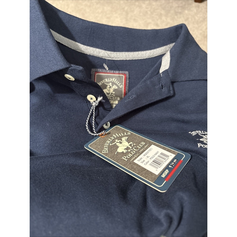 NWT Beverly Hills Polo Club 100% Cotton XL Shirt Navy Modern Fit 2 Button Polo